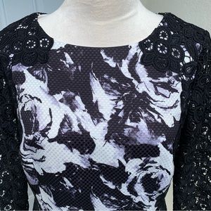 TAHARI. Lace/Floral dress. 3/4 Lace Sleeves. Black/White/Purple. Size 12.